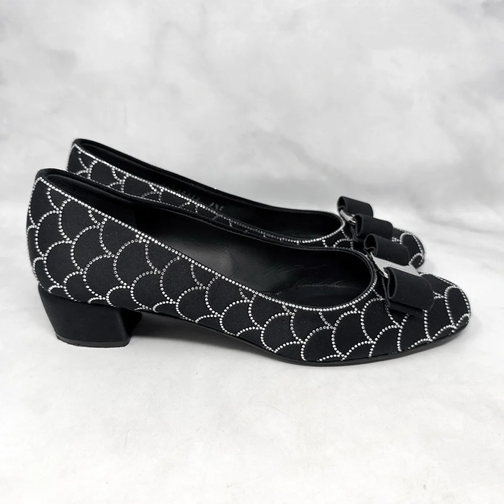Salvatore Ferragamo Vara Bow Scallop Rhinestone Silk Satin Heeled Ballet Flats